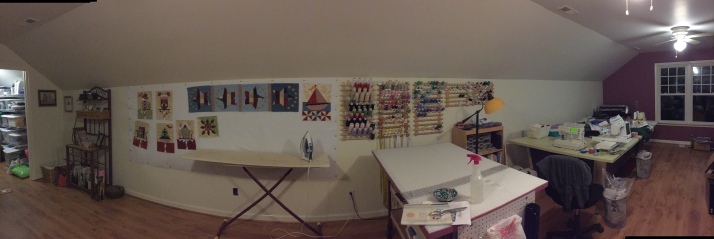 From the closet - project wall - ironing board - cutting table - thread wall  - sewing table.